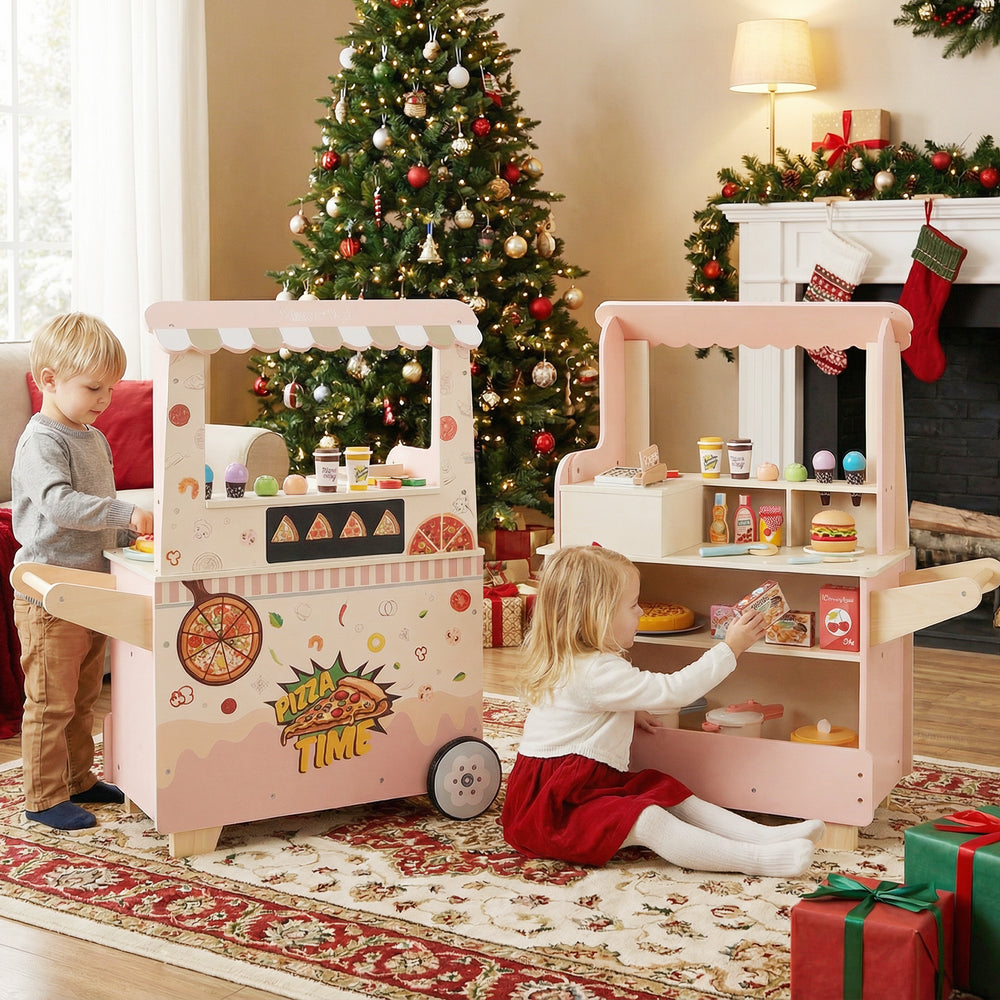 Kids pizza food truck wooden snack cart in pink with accessories, perfect for imaginative cooking play and role-play.