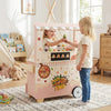 Kids pizza food truck wooden snack cart in pink with accessories, perfect for imaginative pretend play and role-playing.