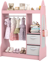 Kids play armoire dresser in pink with clothes hanger, storage bins, and full-length mirror for organized playroom.