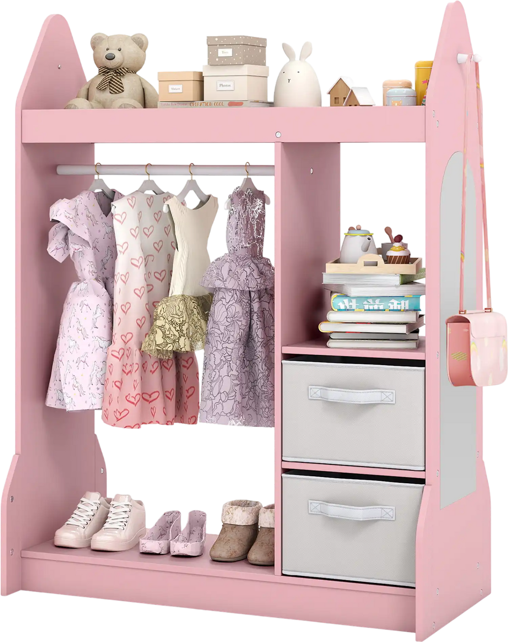 Kids play armoire dresser in pink with clothes hanger, storage bins, and full-length mirror for organized playroom.