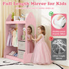 Kids play armoire dresser in pink with full-length acrylic mirror, clothes hanger, and storage bins for organized.