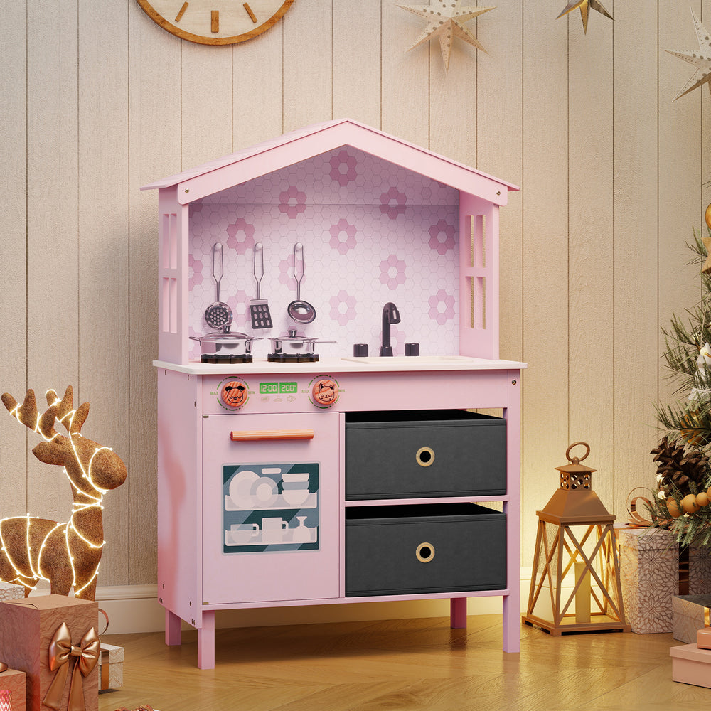 Kids Play Kitchen Children Toy Kitchen Playset with 2 Stoves and Rotation Knobs-Pink - Gallery View 1 of 10