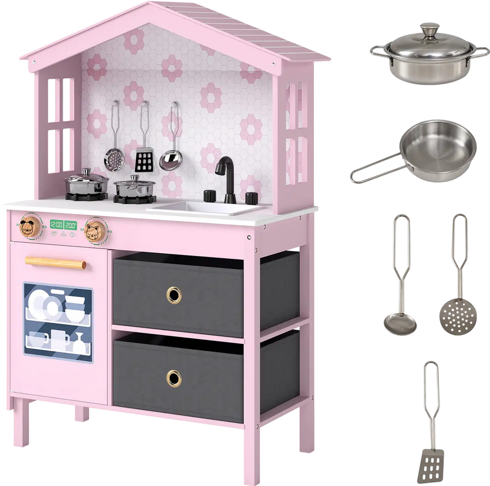 Kids play kitchen in pink showcasing the charming house design with side windows and a functional sink for imaginative.