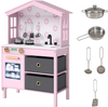 Kids play kitchen in pink showcasing the charming house design with side windows and a functional sink for imaginative.