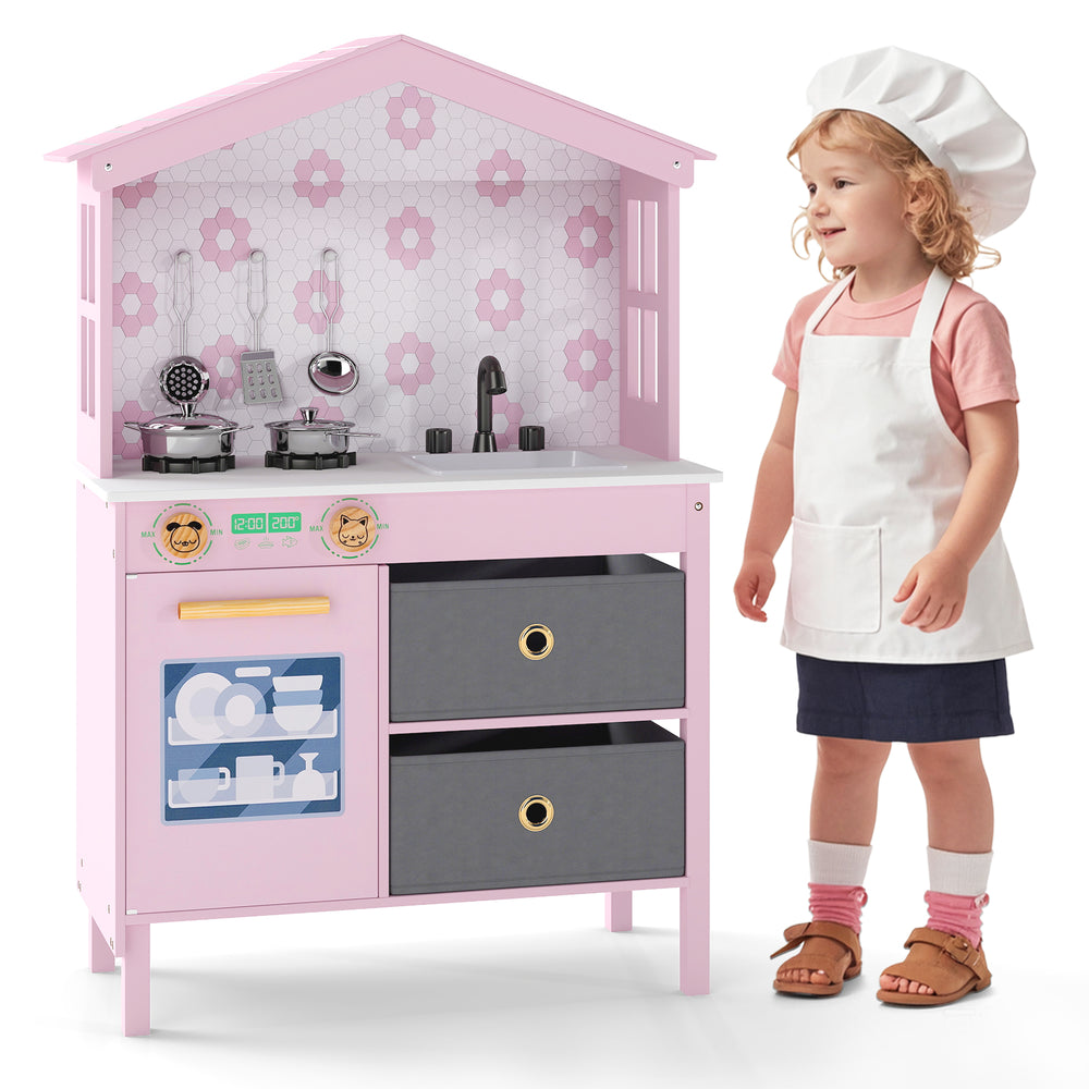 Kids play kitchen in pink with a charming house shape, featuring a sink and rotating knobs for engaging cooking.