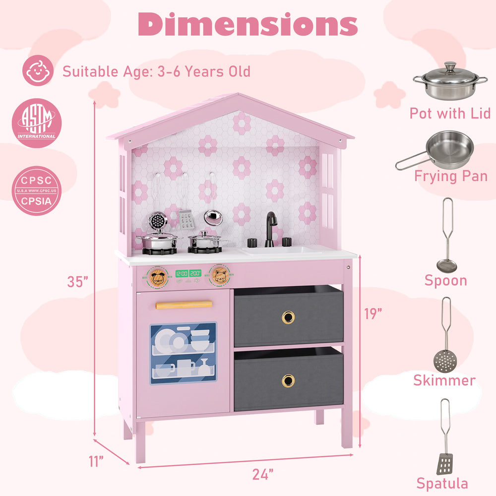 Kids play kitchen set in pink with 2 stoves, drawers, and sink, designed for imaginative cooking fun for ages 3-6.