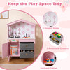 Kids play kitchen set in pink featuring 2 stoves, 3 hanging hooks, and 2 removable drawers for organized play.