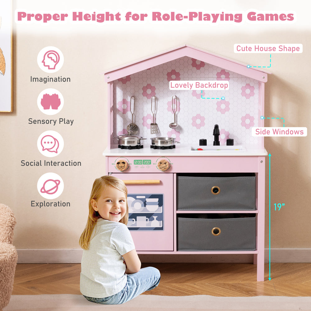 Kids play kitchen set in pink with 2 stoves, drawers, and a charming house shape for imaginative role-playing.