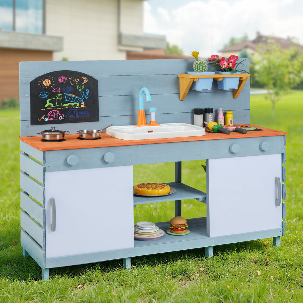Kids play kitchen set in blue with stove, sink, and storage, designed for interactive role play for ages 3-8.