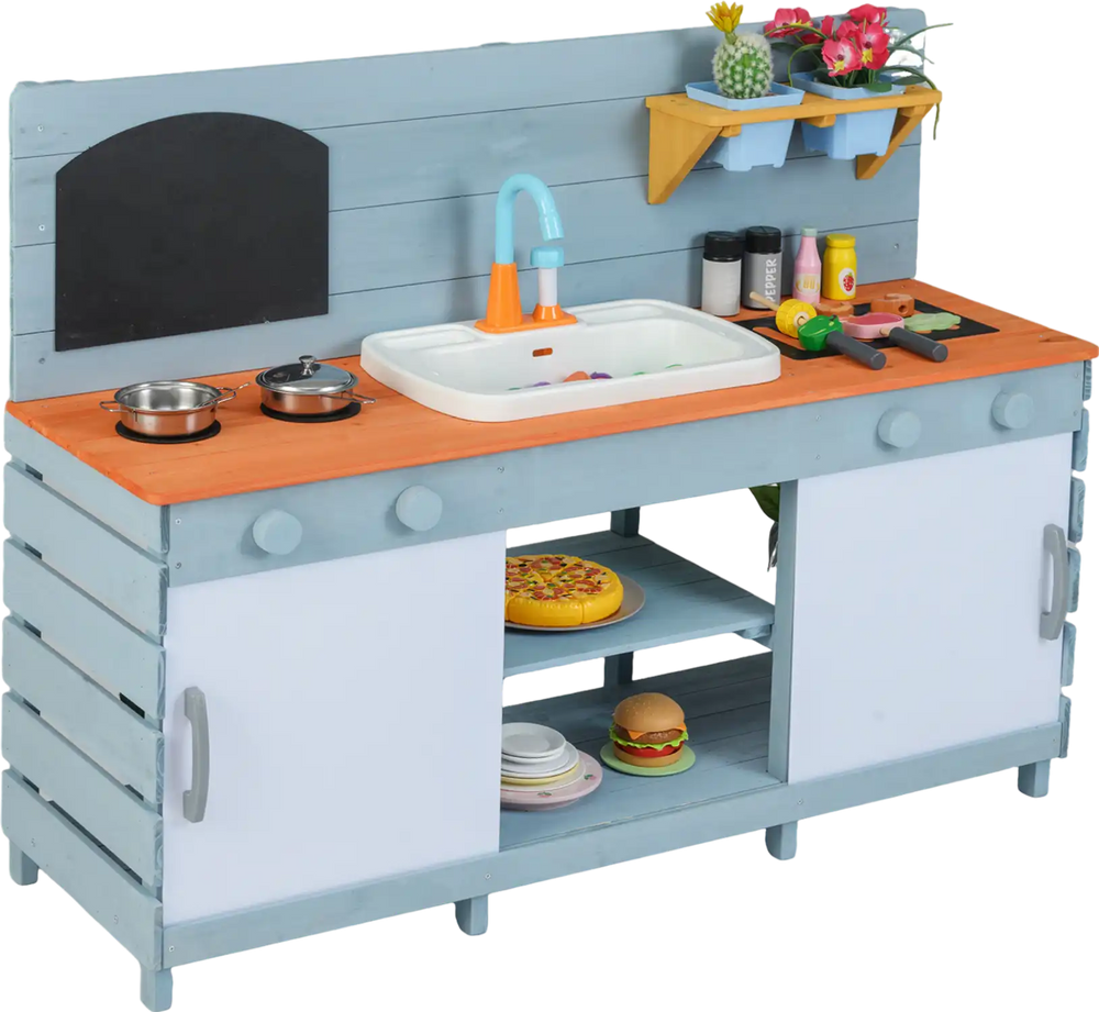Kids play kitchen set in blue with rotatable knobs and grill rack, promoting imaginative role play for ages 3-8.