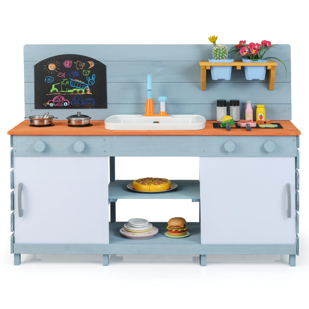 Kids play kitchen set in blue with open shelves and sliding doors, promoting organization and imaginative play for ages.