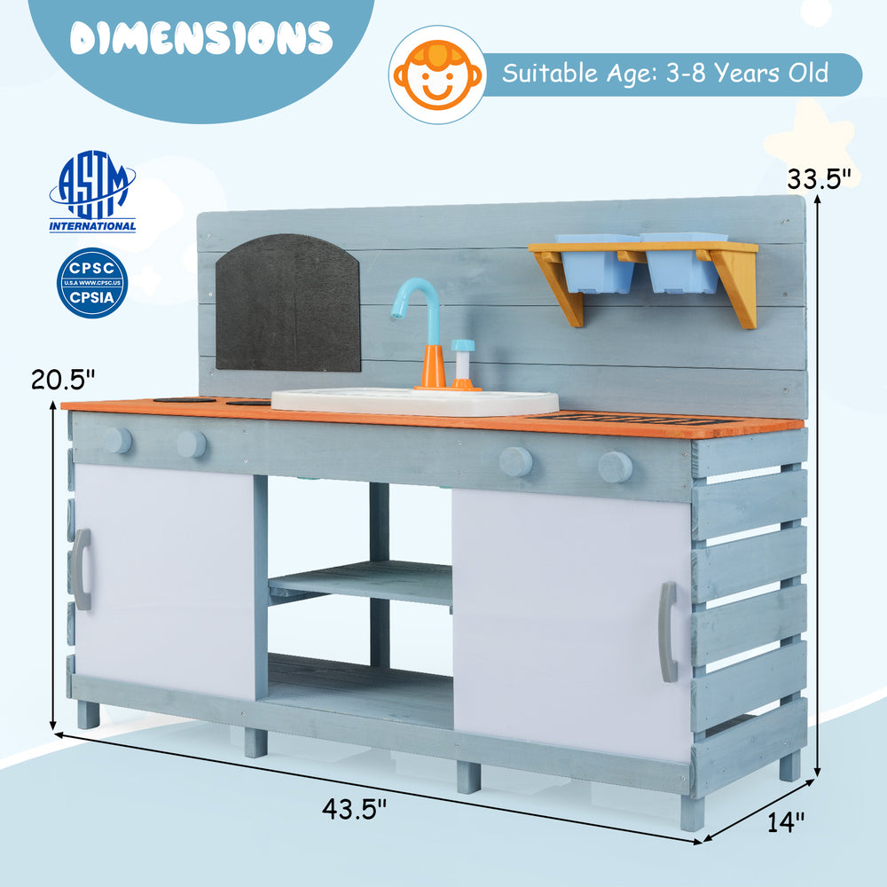 Kids play kitchen set in blue with stove, sink, and ample storage, designed for boys and girls aged 3-8.