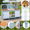 Kids play kitchen set in blue with stove, sink, and ample storage, made from sturdy fir wood for ages 3-8.