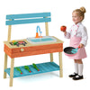 Wooden kids play kitchen set in blue with sink, grill, and gardening tools for imaginative cooking and gardening fun.