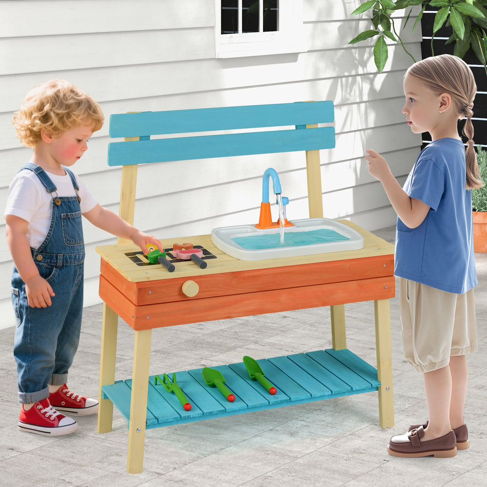 Kids play kitchen set in blue with sink, faucet, and gardening tools, designed for interactive play and skill.