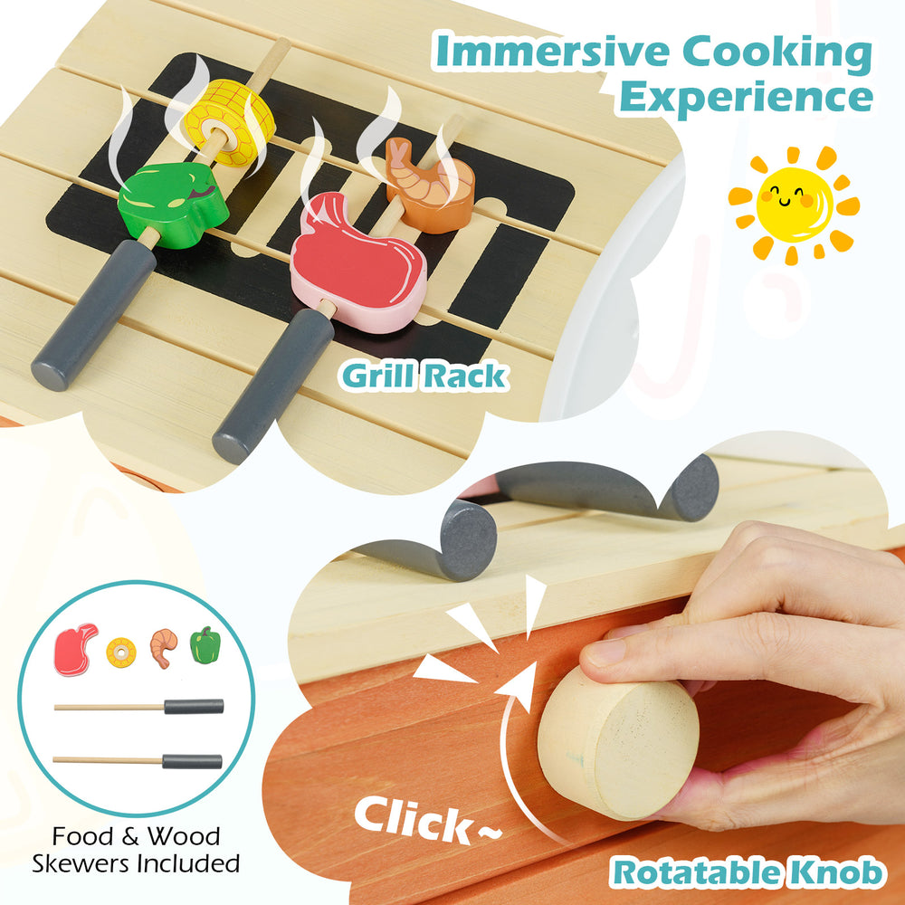 Grill rack with rotatable knob and included food skewers for immersive cooking fun in the kids' wooden kitchen set.