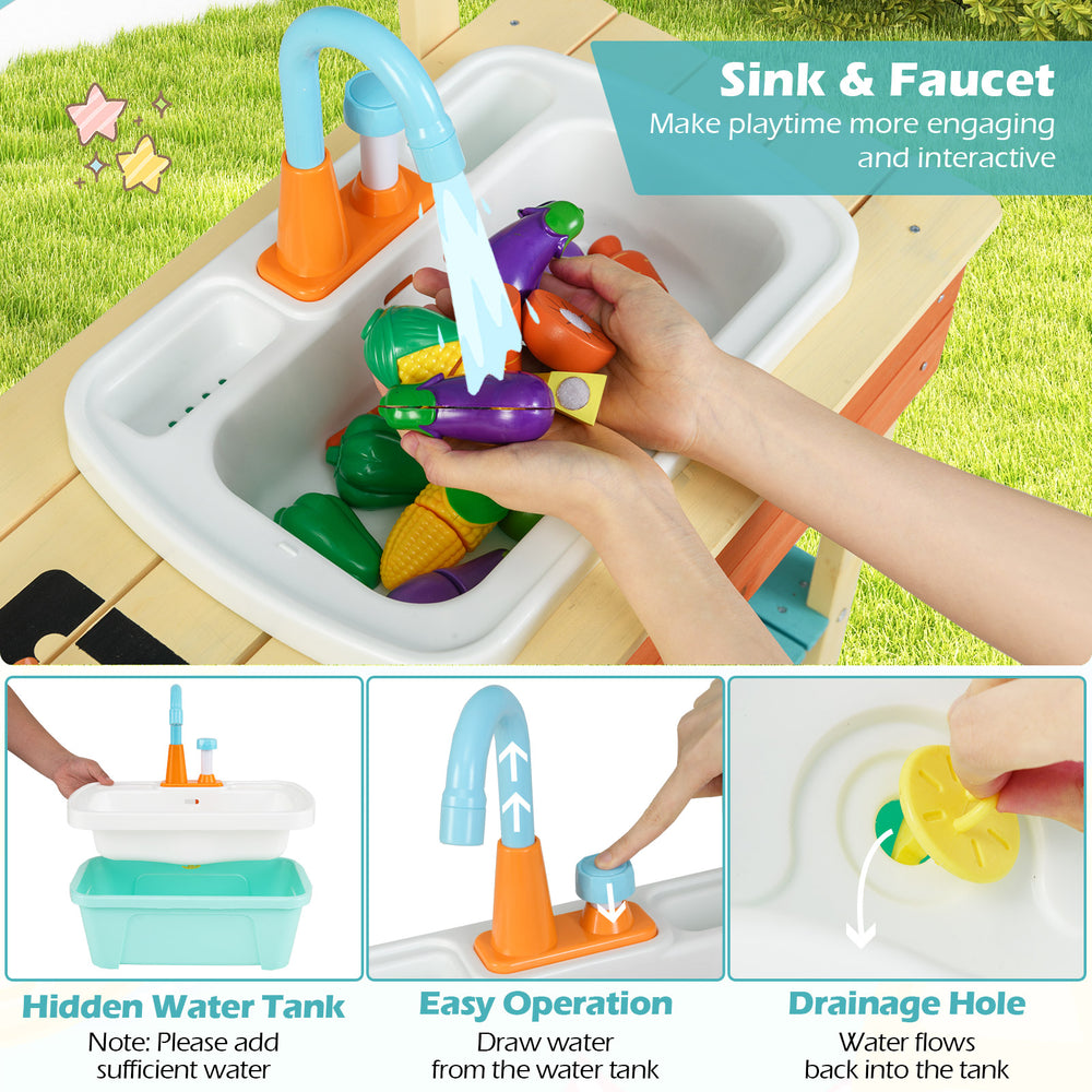 Kids play kitchen set with sink and faucet, featuring a water tank for interactive play and premium fir wood.