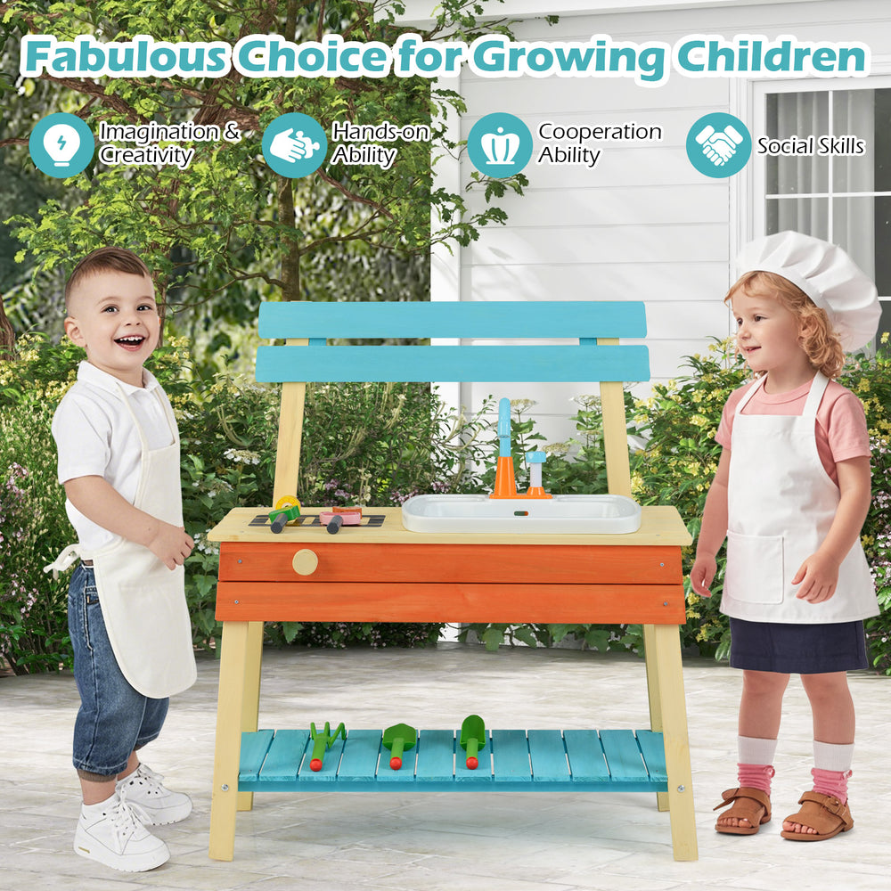 Kids play kitchen set in blue, featuring a sink, grill rack, and gardening tools for imaginative outdoor play.