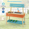 Kids play kitchen set with blue accents, featuring a sink, grill, and gardening tools for interactive playtime.