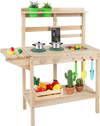 Wooden kids play kitchen set featuring stoves, fruits, vegetables, and pots, perfect for imaginative play.