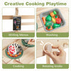 Kids play kitchen set featuring wooden stoves, cooking accessories, and interactive elements for imaginative play.