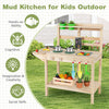 Wooden kids play kitchen set with stoves, featuring natural wood finish, for imaginative outdoor play.