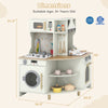 Kids wooden corner kitchen playset in beige with working faucet, oven, and ample storage for interactive play.