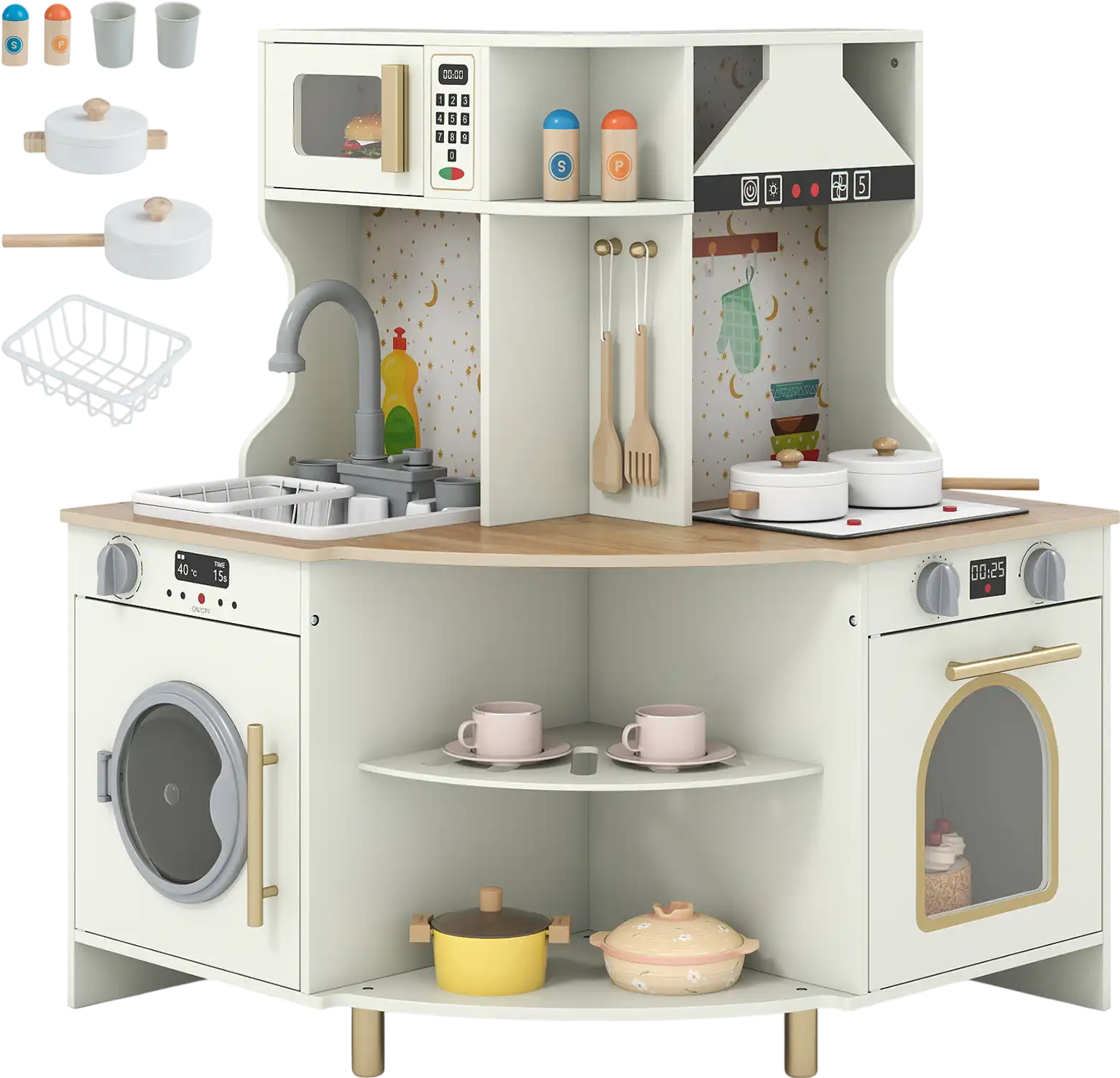 Costway Kids Wooden Corner Play Kitchen Set Working Faucet Sink 24926100 New