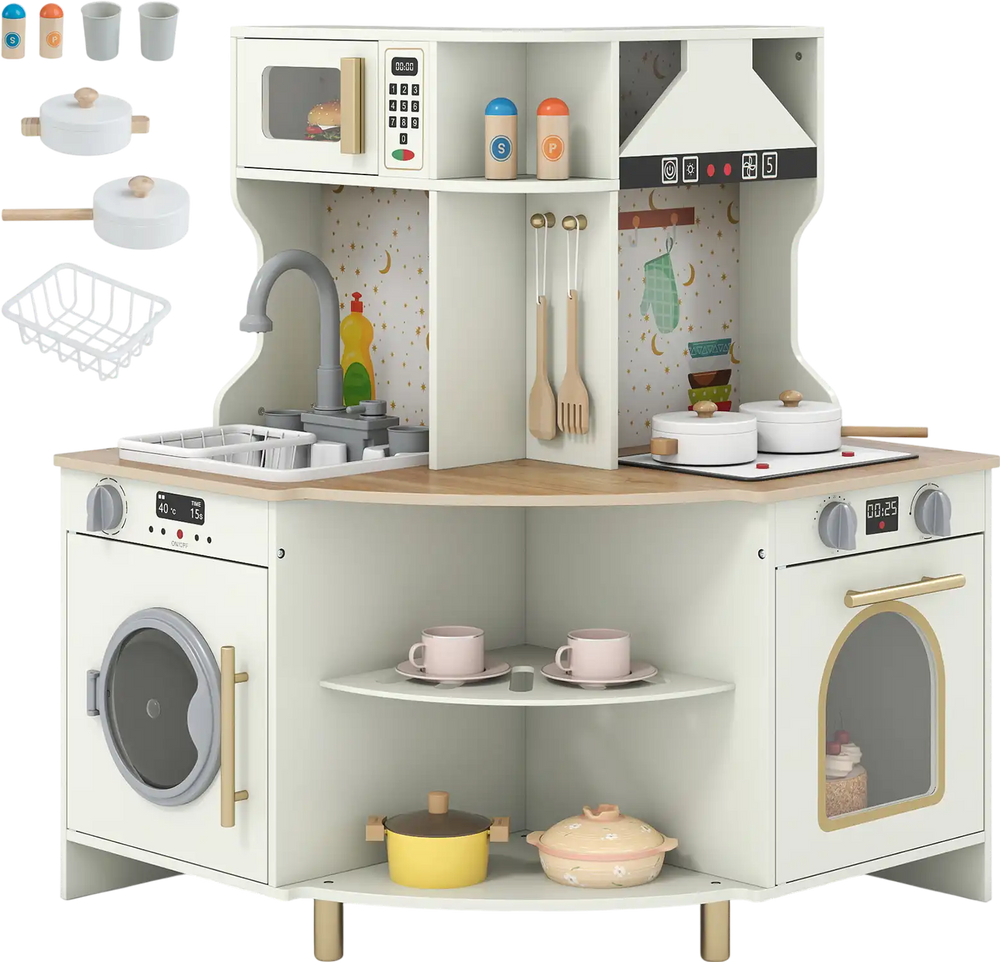 Kids wooden corner kitchen playset in beige with working faucet, oven, and interactive features for imaginative play.
