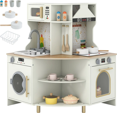 Costway Kids Wooden Corner Play Kitchen Set Working Faucet Sink 24926100 New