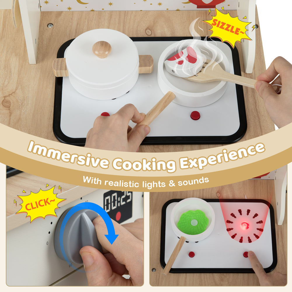 Kids play kitchen set featuring realistic lights and sounds, with a working faucet and interactive cooking accessories.