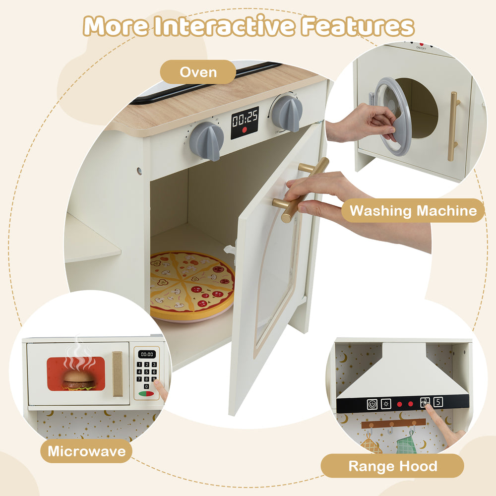 Kids play kitchen wooden corner playset featuring an oven, microwave, and washing machine for interactive cooking fun.