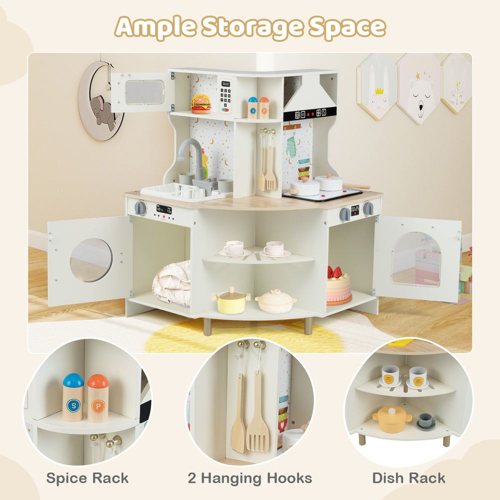 Kids play kitchen wooden corner playset in beige with ample storage, spice rack, and interactive features for.