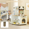 Kids play kitchen wooden corner playset in beige with working faucet, oven, and ample storage for imaginative cooking.