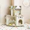 Kids play kitchen wooden corner playset in beige with working faucet, oven, and ample storage for interactive cooking.