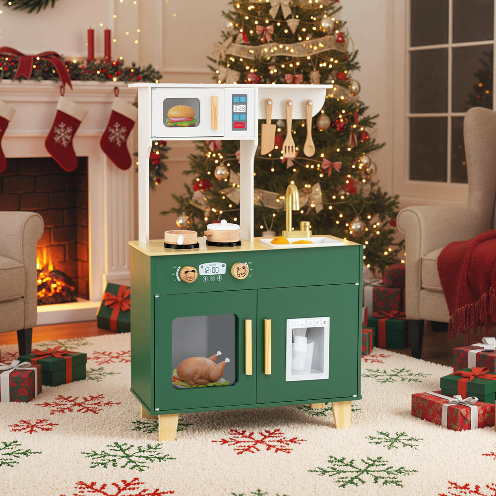 Kids play kitchen in green with microwave, stoves, and rotating faucet, perfect for imaginative play and safety.