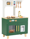 Kids play kitchen in green with microwave, stoves, and removable sink for imaginative cooking fun. Ideal for ages 3-6.