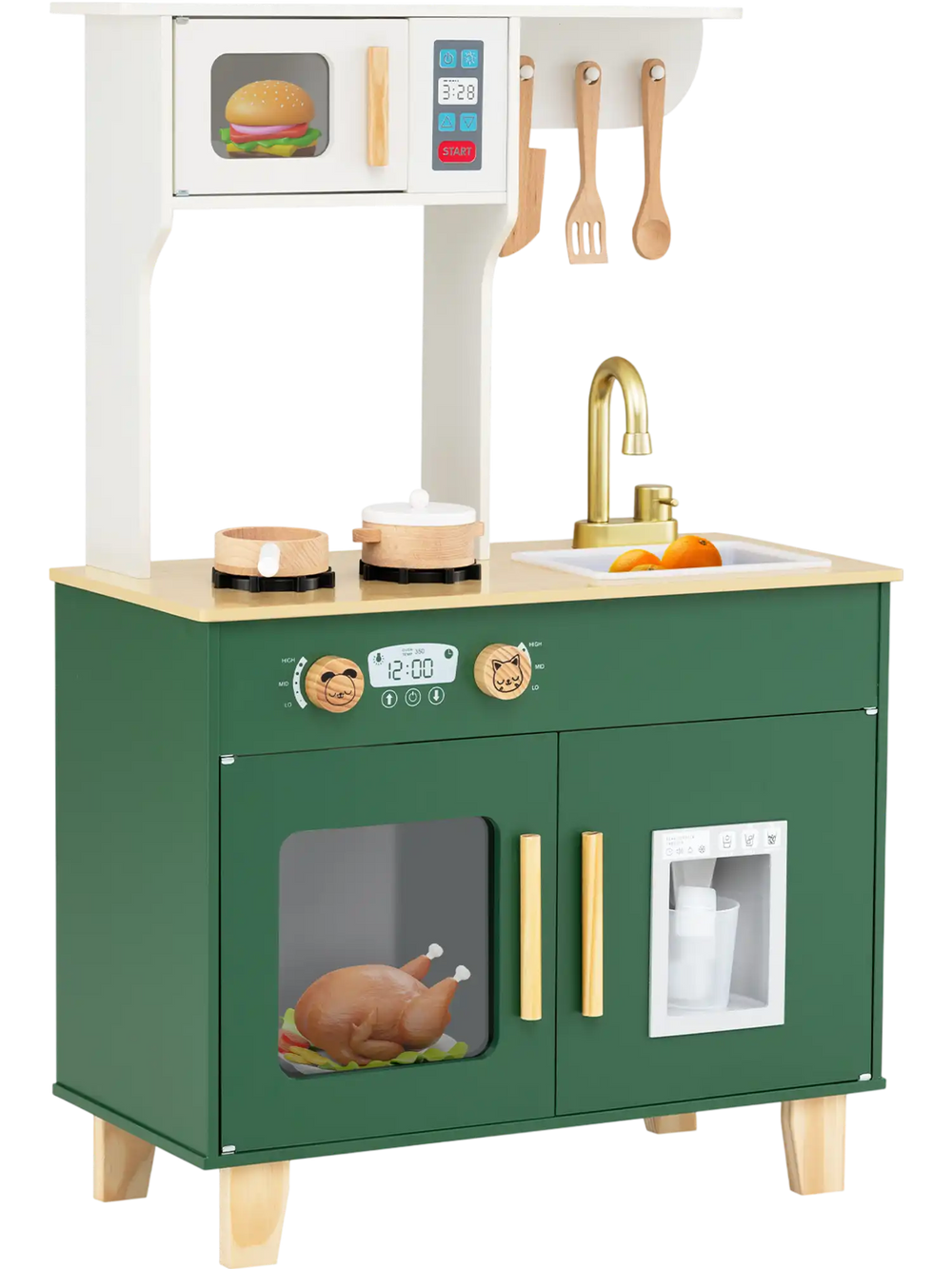 Kids play kitchen in green with microwave, stoves, and removable sink for imaginative cooking fun. Ideal for ages 3-6.
