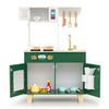 Kids play kitchen in green featuring microwave, stoves, rotating faucet, and storage cabinets for imaginative play.