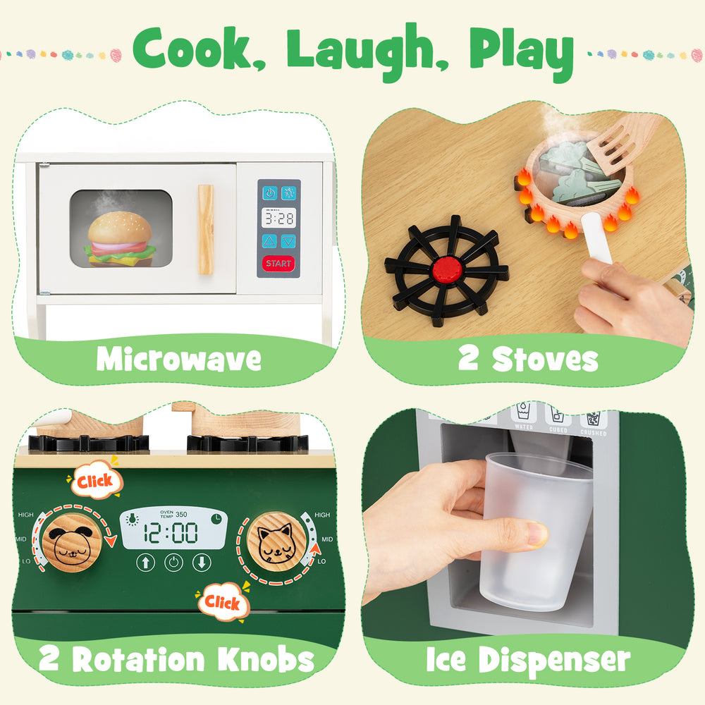 Kids play kitchen featuring a microwave, 2 stoves, rotation knobs, and ice dispenser for imaginative cooking fun.