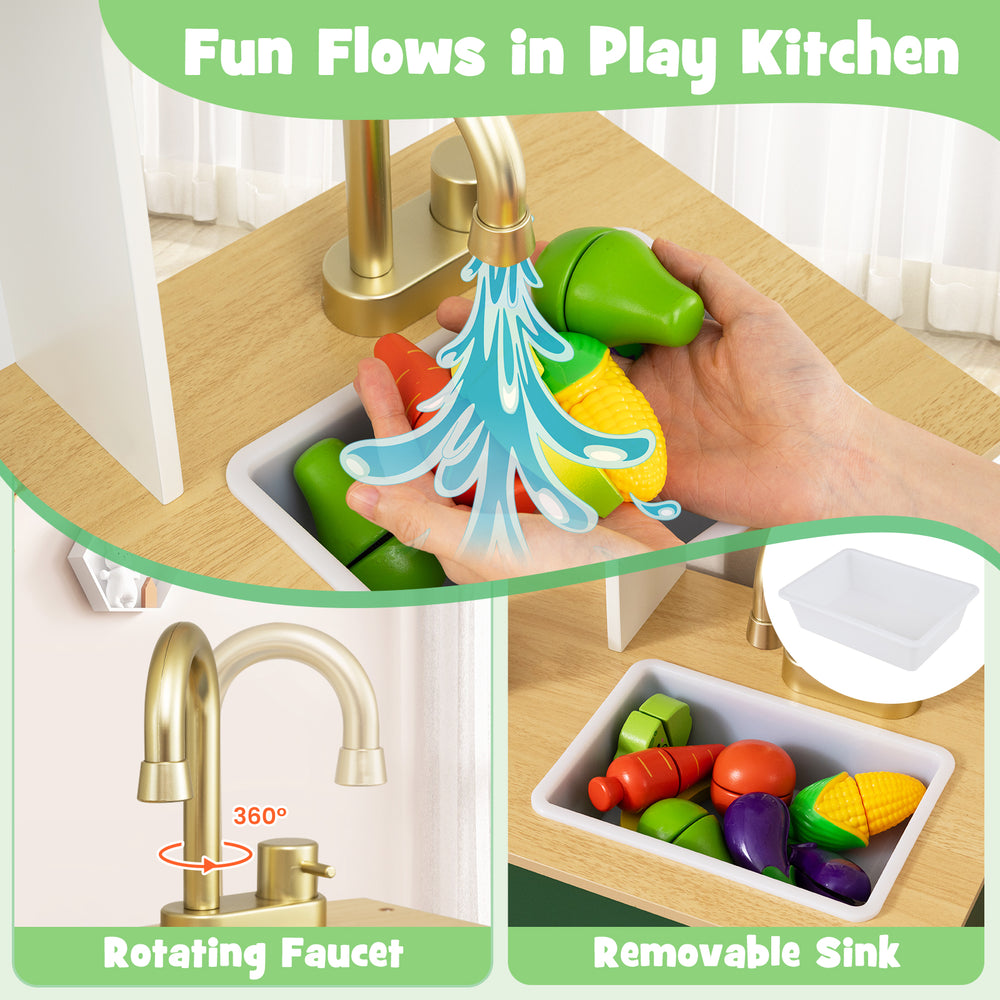Kids play kitchen featuring a 360° rotating faucet and removable sink, perfect for imaginative cooking fun.