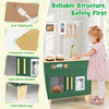 Kids play kitchen in green featuring solid wood legs, microwave, and rotating knobs for imaginative cooking fun.
