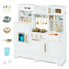 Kids play kitchen in white with stoves, faucet, and accessories for imaginative cooking fun for ages 3-6.