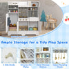Kids play kitchen in white with stoves, faucet, and ample storage for a tidy play space, perfect for ages 3-6.