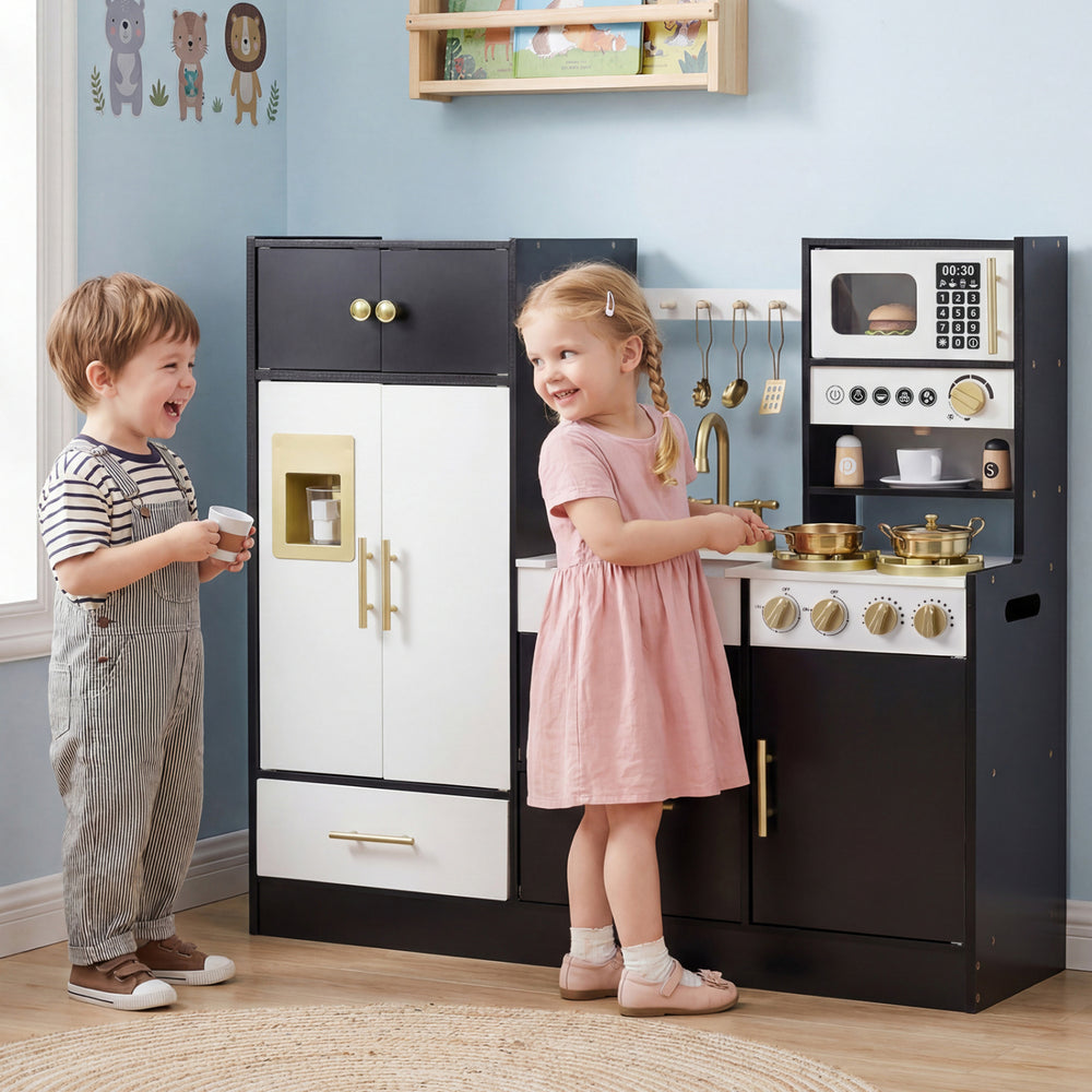 Kids play kitchen in black with realistic lights and sounds, featuring stoves, sink, and storage for imaginative play.