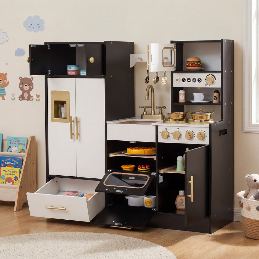 Kids play kitchen with realistic lights and sounds, featuring stoves, cabinets, and accessories for imaginative play.