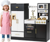 Kids play kitchen in black with realistic lights and sounds, featuring stoves, cabinets, and accessories for.