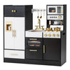 Kids play kitchen in black with realistic lights and sounds, featuring stoves, sink, microwave, and ample storage.