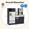 Kids play kitchen in black with realistic lights and sounds, featuring stoves, cabinets, and interactive accessories.