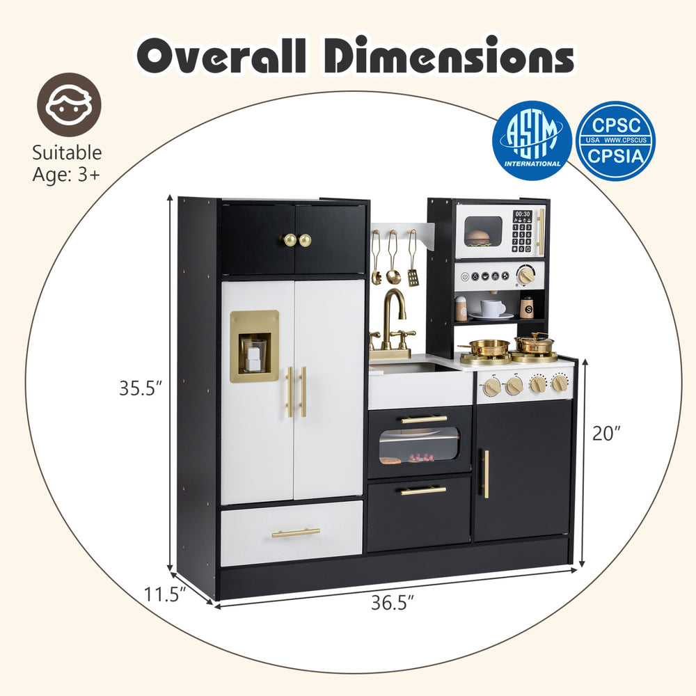 Kids play kitchen in black with realistic lights and sounds, featuring stoves, cabinets, and interactive accessories.